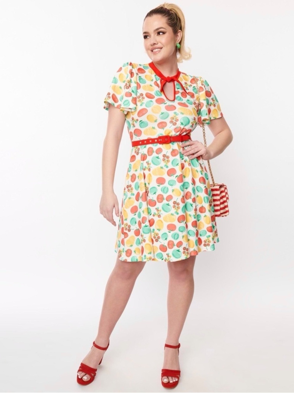 🆕Unique Vintage - Rockabilly Tomato Print Fit & Flare Dress With Flutter Sleeve